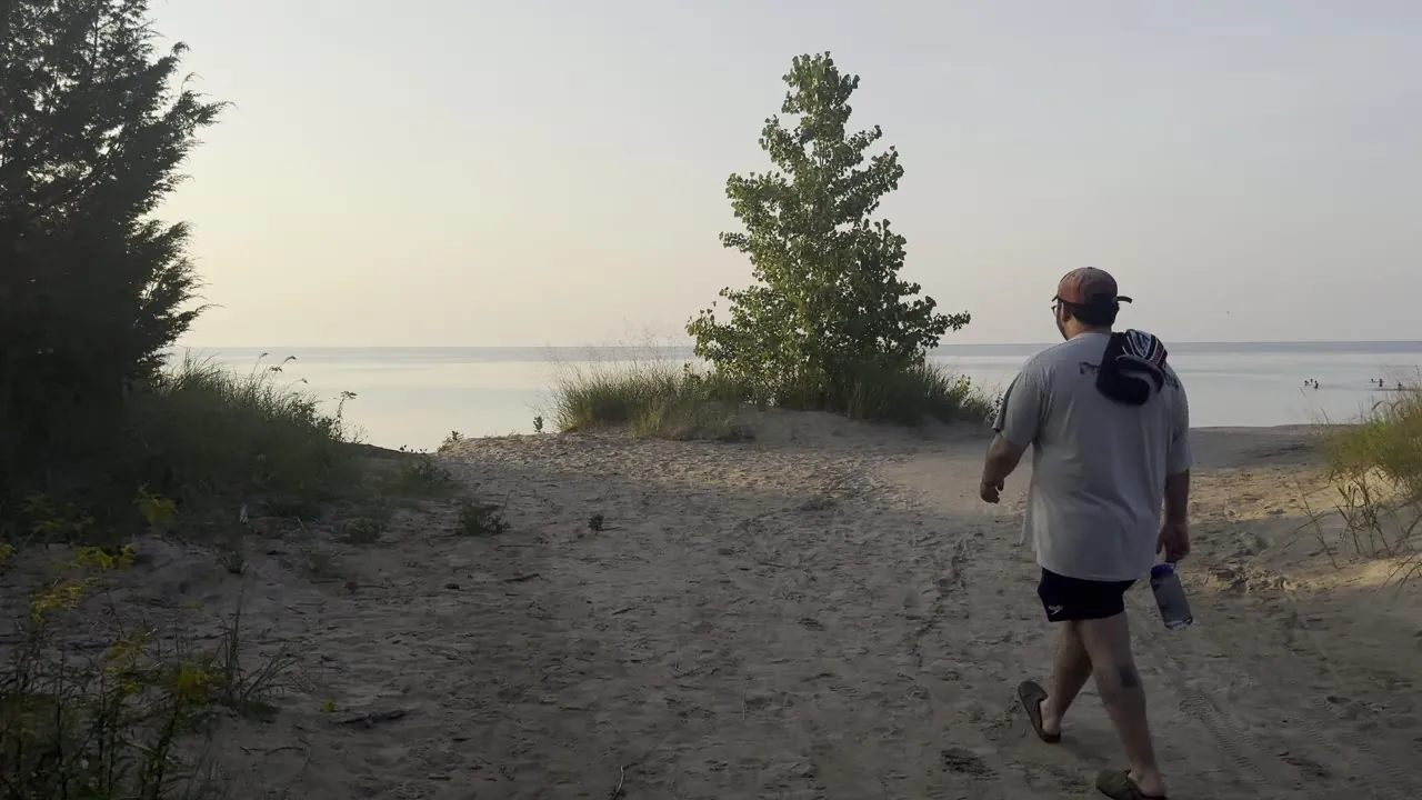 People walking on a sandy path near a lake shore, with a pine tree ahead.