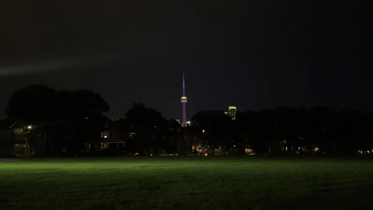 Dark park field at night with a tall tower lit on the horizon.