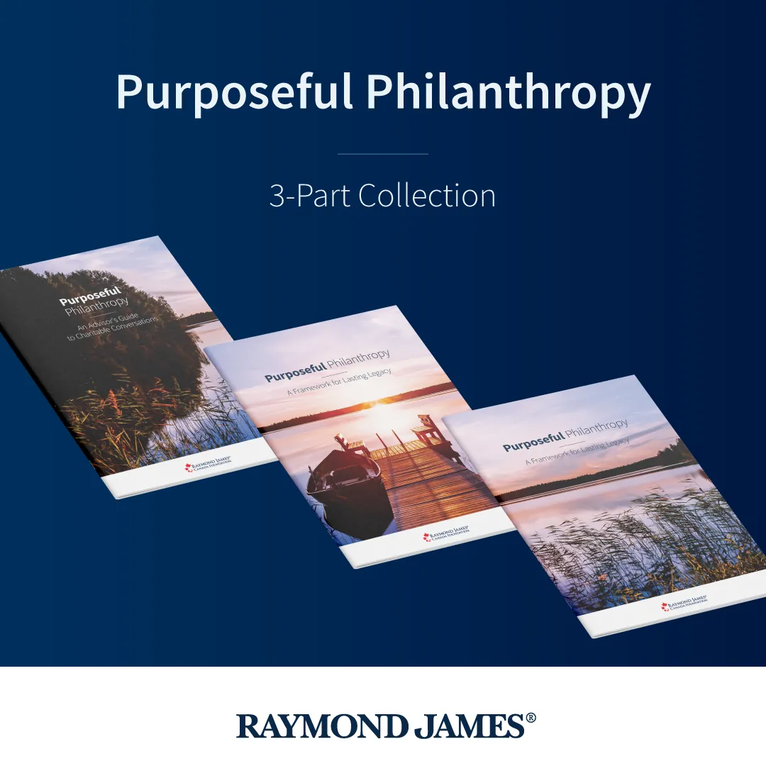 Collection graphic: Purposeful Philanthropy, 3-Part Collection, with three angled covers on blue above the Raymond James lockup.