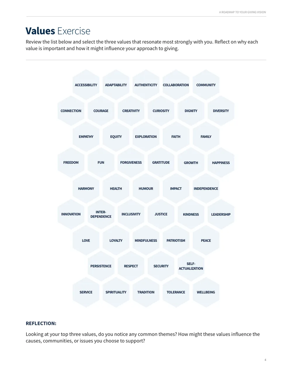 English Values Exercise page with a honeycomb mosaic of values.