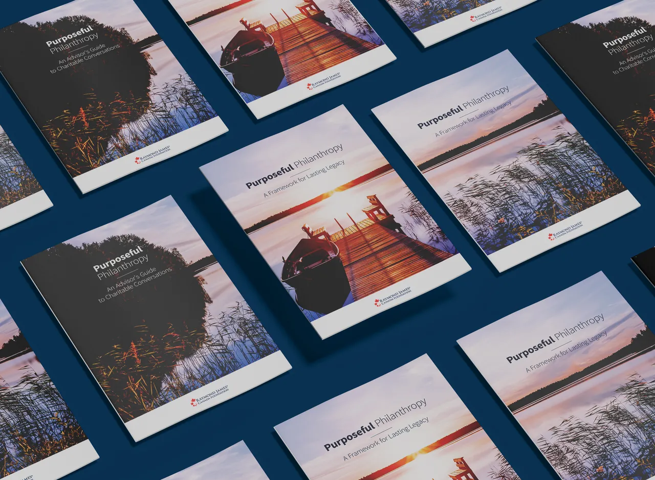 Wall of Purposeful Philanthropy guide covers in three photographic designs, laid out on a deep blue background.