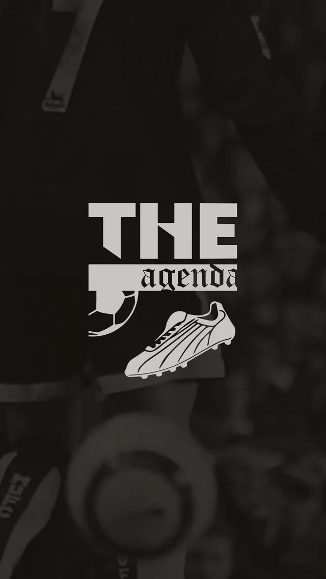 The Agenda vertical story on a dark photograph, with the stacked THE and blackletter agenda wordmark above a football boot.