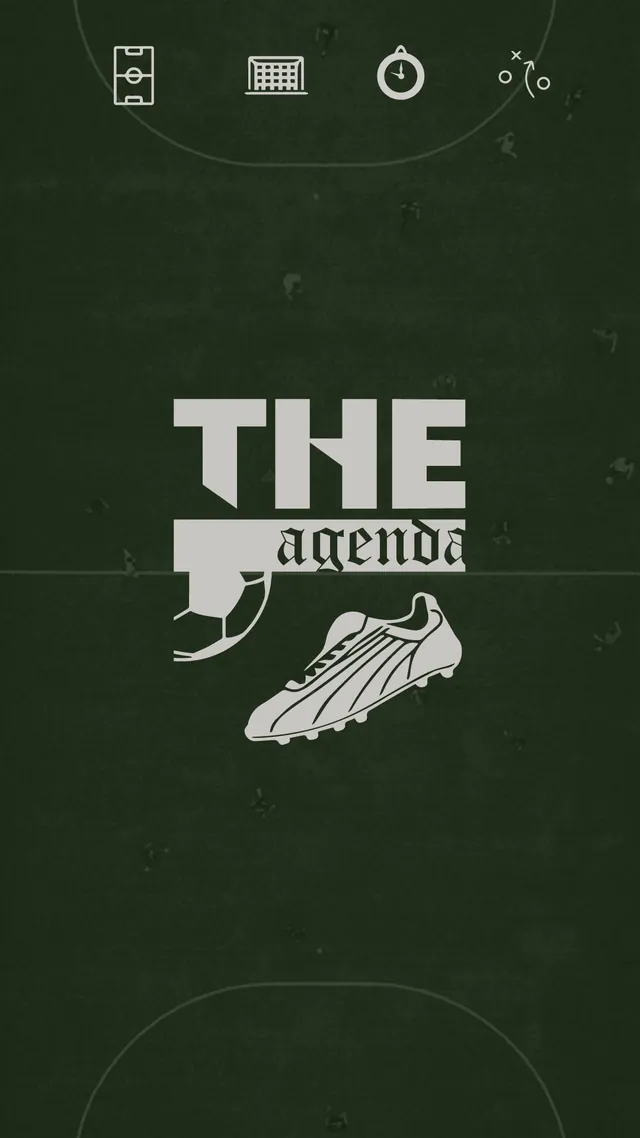The Agenda vertical story on a pitch-green texture with a row of icons.