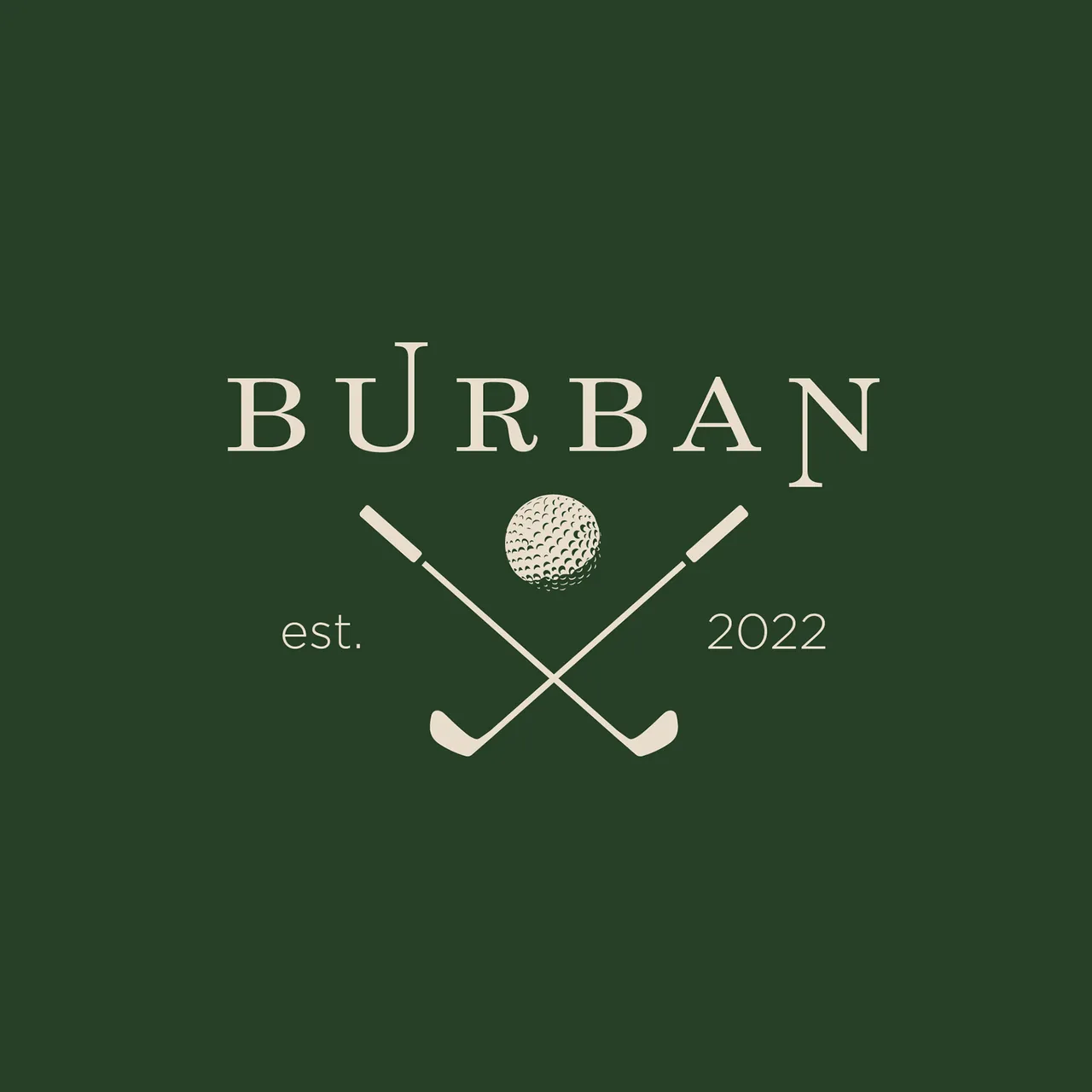 Burban Clothing crest with crossed golf clubs and a ball, cream on forest green.