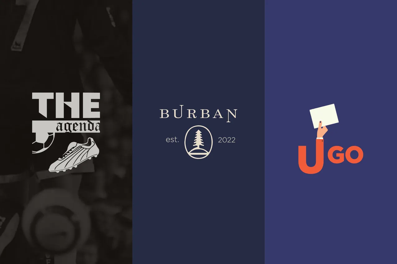 Three brand marks side by side: The Agenda soccer show on a dark photograph, the Burban Clothing crest on navy, and the Ugo voting initiative logo on indigo