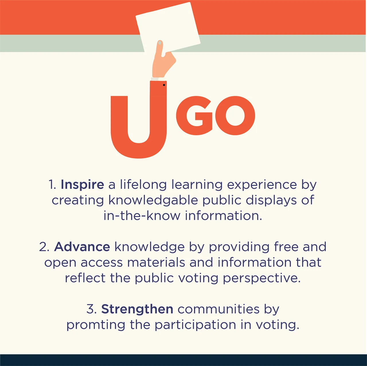 Ugo mission card with the logo and a three-pillar mission: inspire, advance and strengthen.