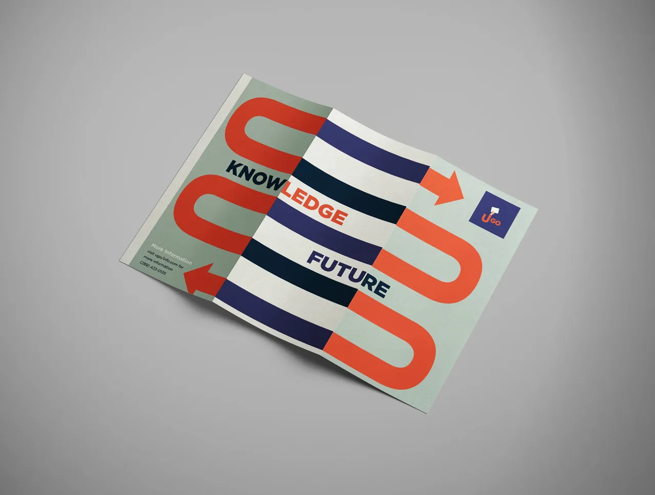 Ugo trifold, inside spread, shown as a printed mockup.