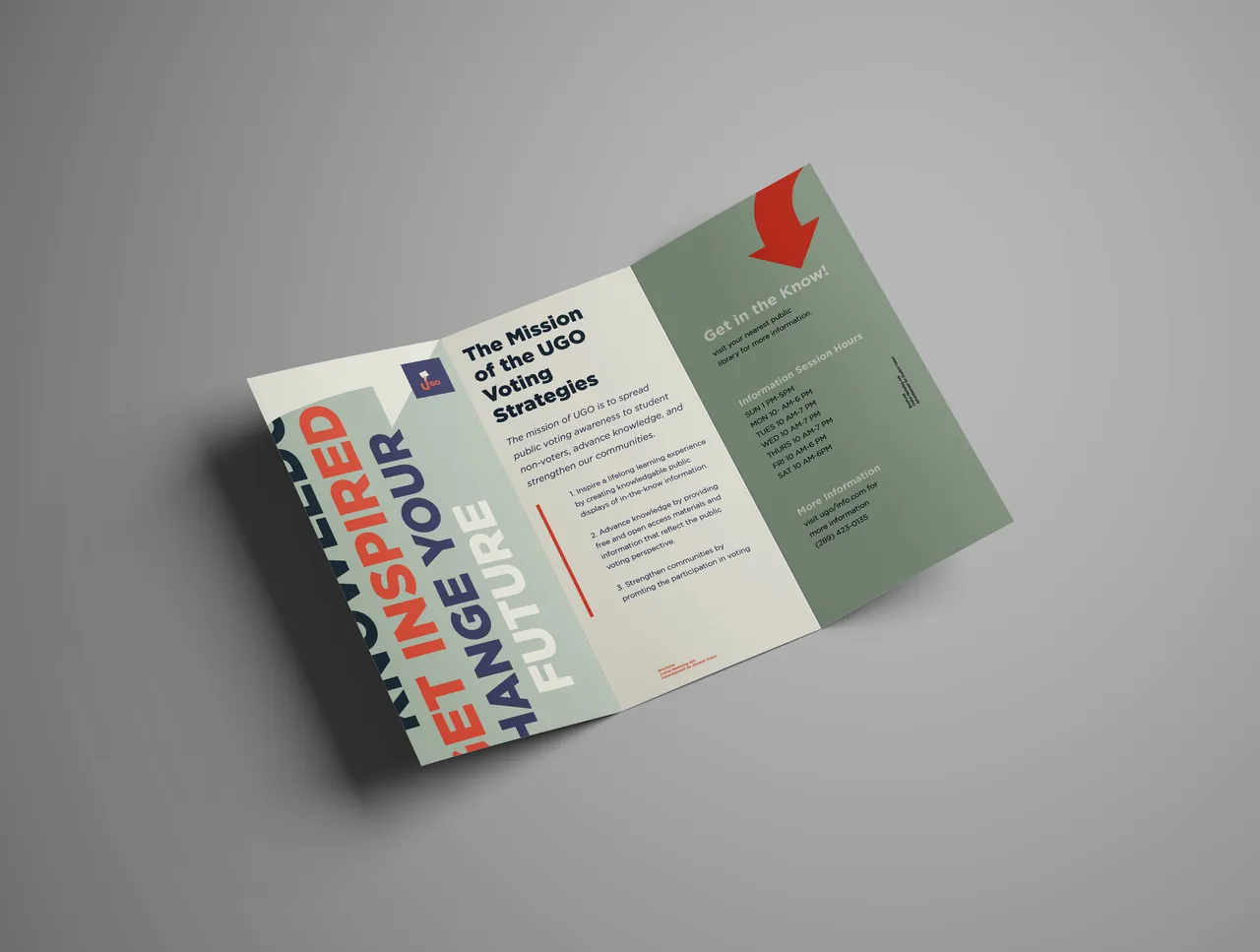 Ugo trifold, outside, shown as a printed mockup.
