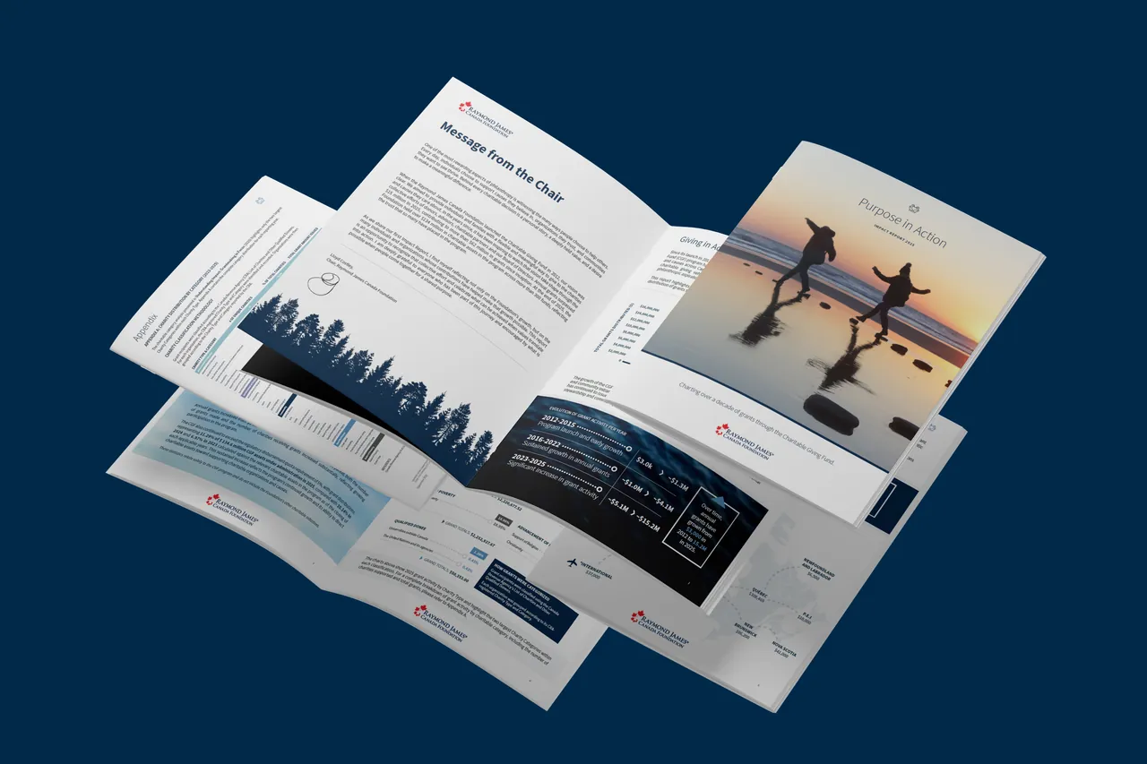 Printed pages of the Purpose in Action impact report booklet fanned out over a deep blue background