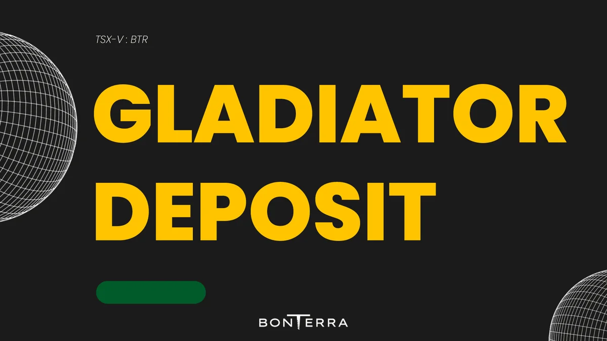 Black presentation title slide reading Gladiator Deposit in bold yellow type