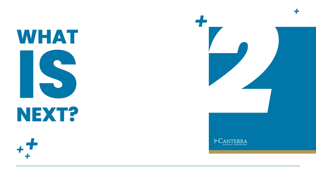 White slide with a bold blue question headline, a large white numeral on a blue panel, small blue plus signs and a blue logo box.