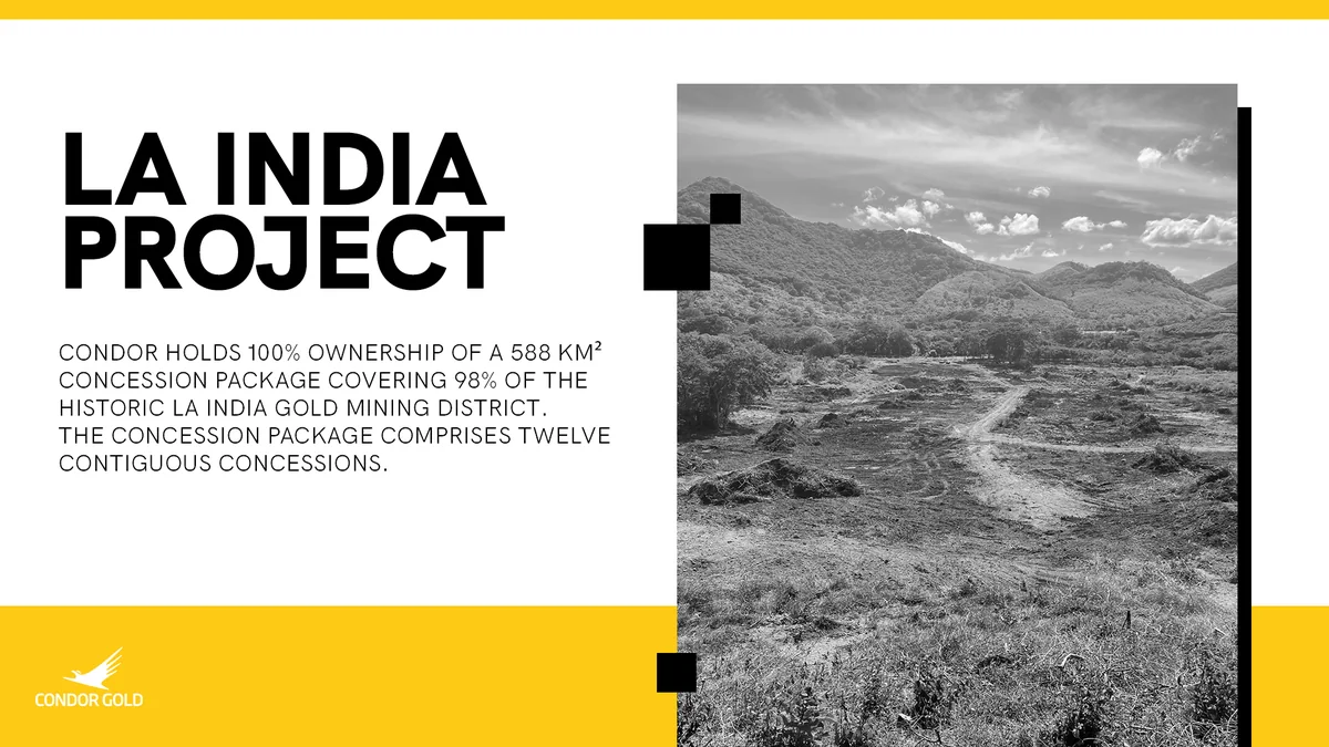 Slide with a yellow band at top and bottom, a black project heading, body text and a black-and-white photograph of a hillside valley, with black squares as accents.