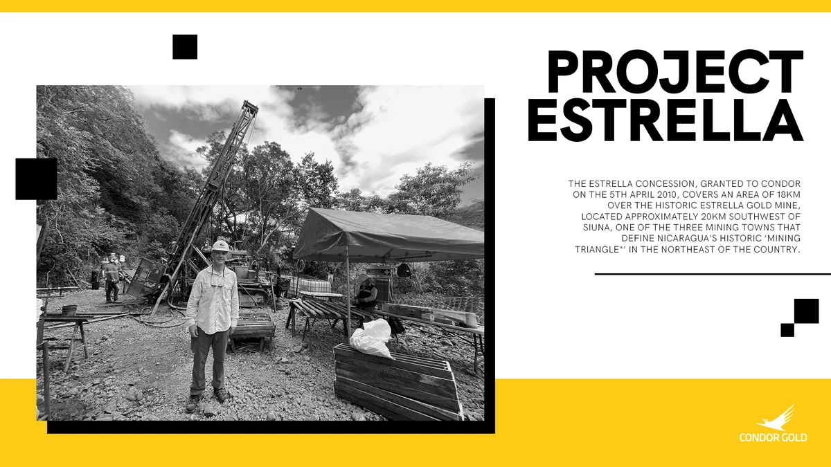 Slide with a yellow band at top and bottom, a black-and-white photograph of a drilling site with a person standing, a black heading on the right and black square accents.