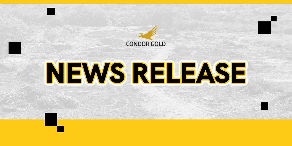 Grey textured news release banner with a bold black headline on yellow, a gold logo above it, black squares and a yellow band at the bottom.