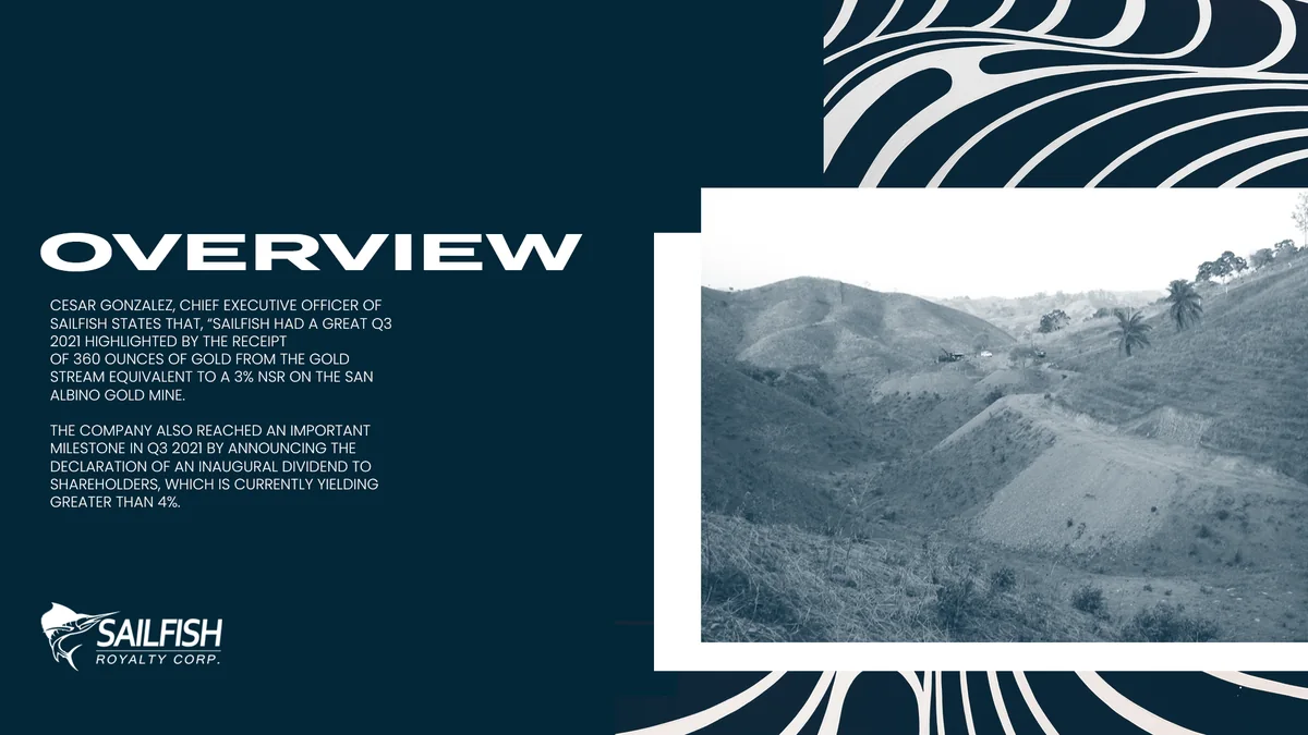 Dark teal overview slide with a white heading, small white text, a white wave pattern and a blue-grey photograph of a hillside.