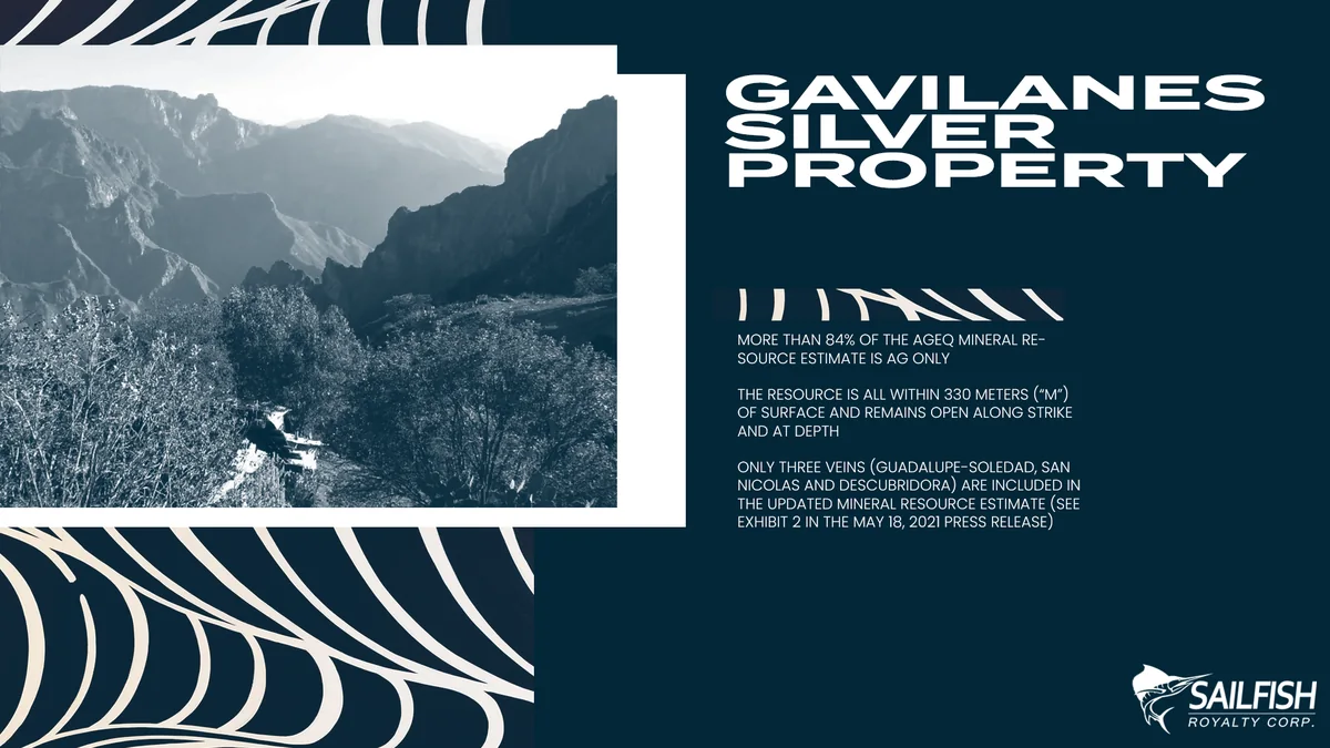 Dark teal property slide with a white heading, small white text, a white wave pattern and a blue-grey mountain photograph in a white frame.