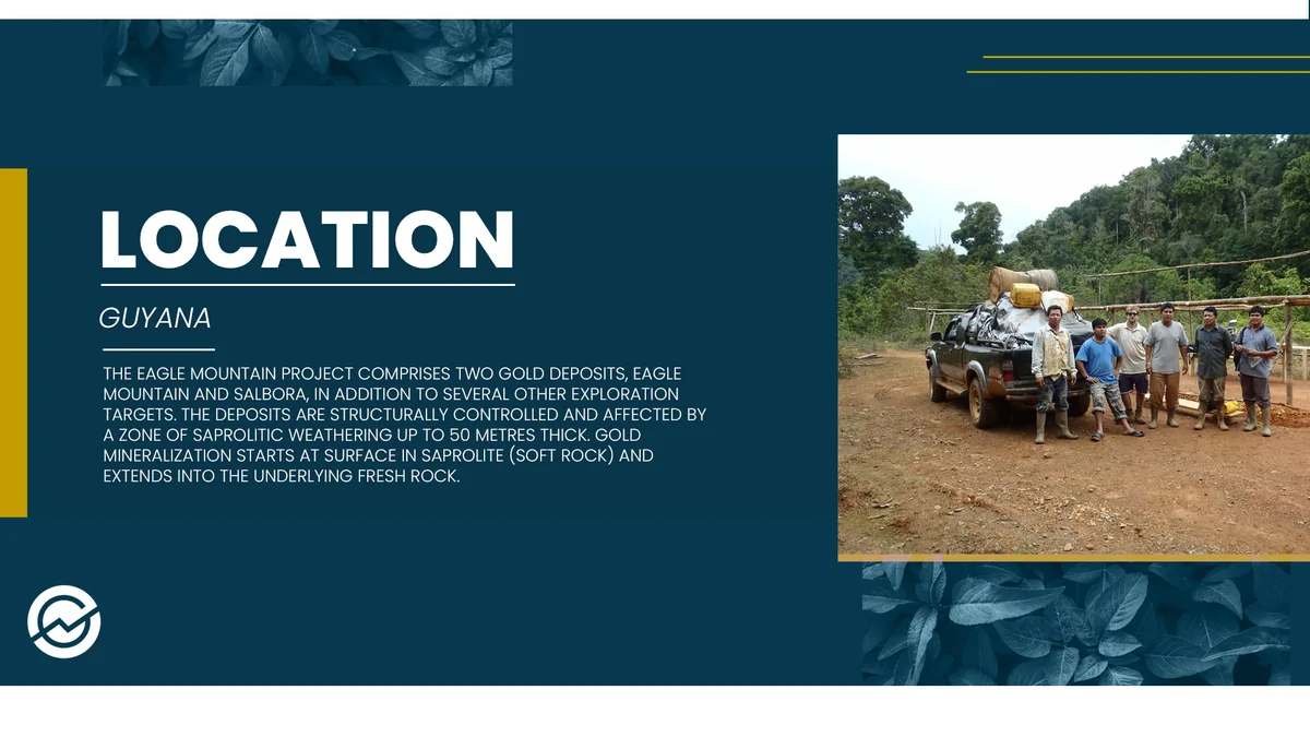 Dark teal location slide with a white heading, small white text and a colour photograph of people beside a truck on a dirt road in the forest.