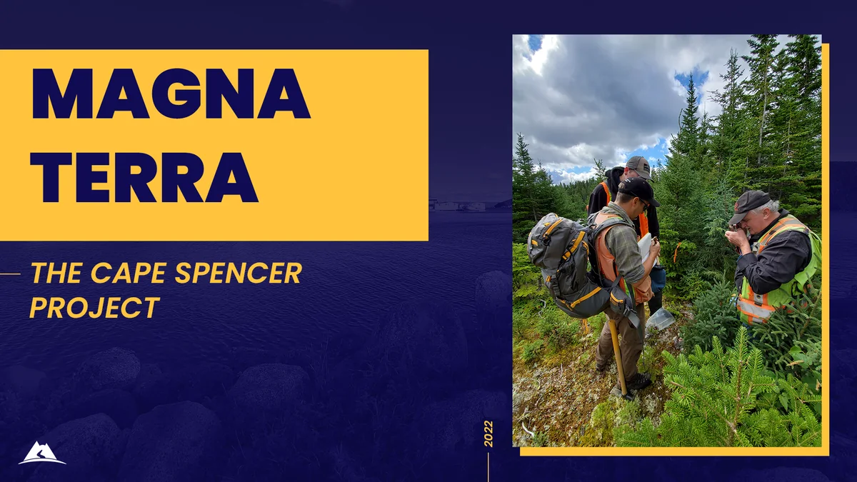 Dark indigo slide with a yellow box holding a navy heading, yellow italic text and a photograph of two hikers with backpacks in a forest.
