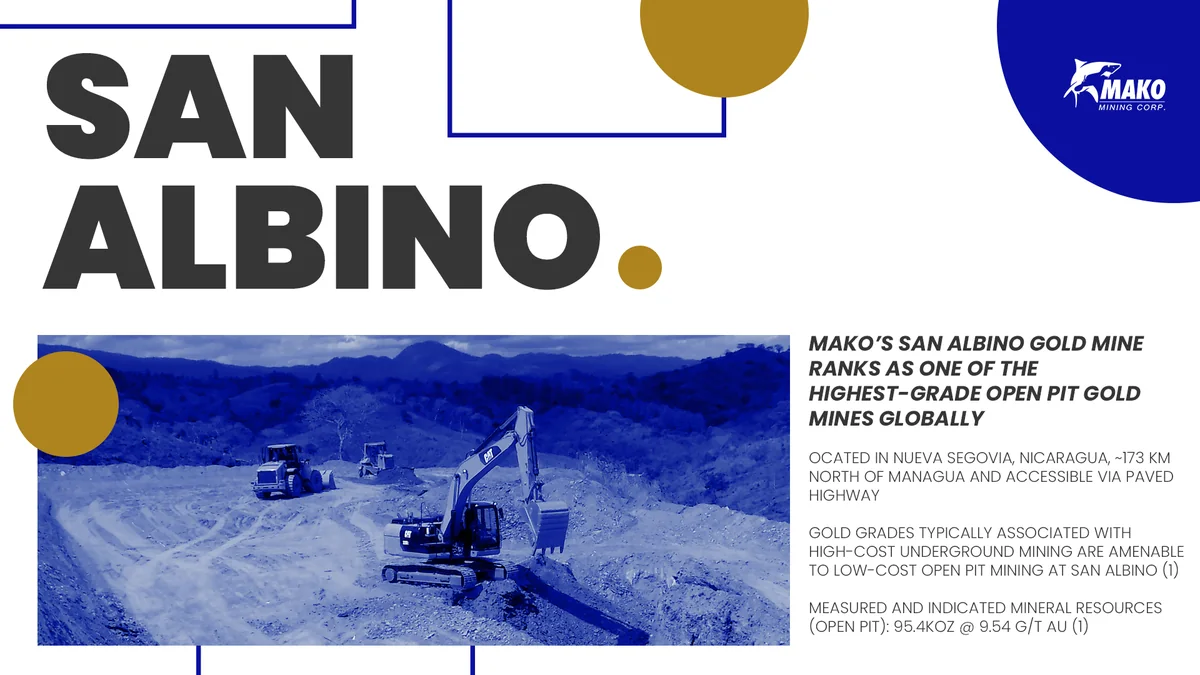 White slide with a large grey heading, a blue-toned photograph of an excavator at a mine, gold circles, a blue corner shape and small text.