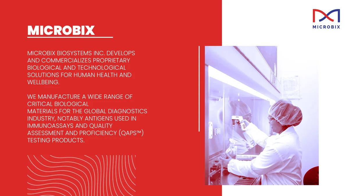 Red slide with a white heading, white body text, a white contour pattern and a red-toned photograph of a person in a lab wearing a hairnet and mask.