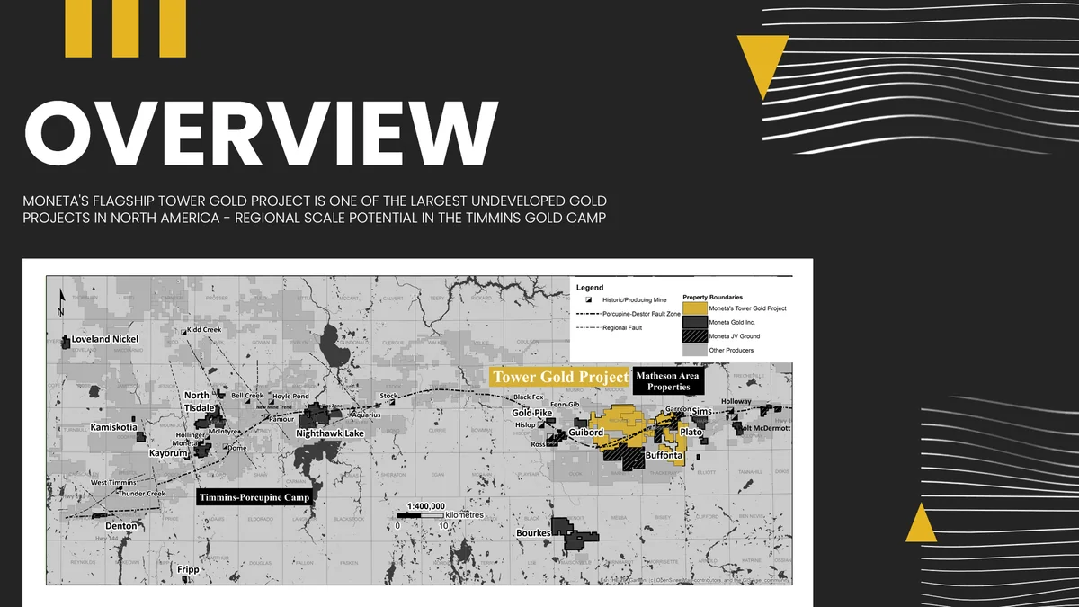 Black slide with a white heading, a white wavy-line pattern, small text and a grey map with yellow highlighted areas.