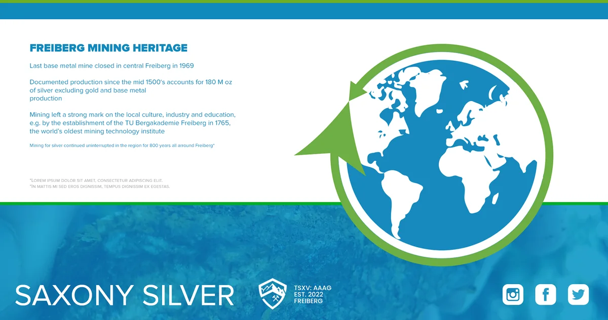 White slide with a blue heading and small blue text on a blue top band, a large globe in blue and green with a green arrow, and a footer with social icons.