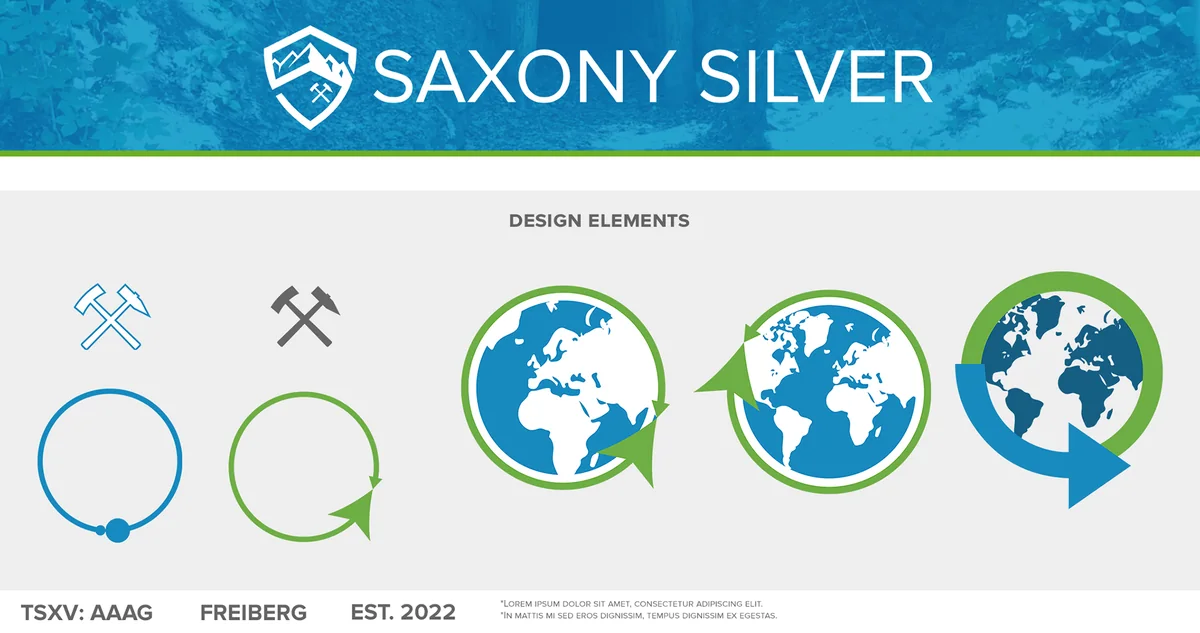 Design elements board with a blue textured header band, a grey panel with small icons of mining tools, and three blue and green globe logos with arrows.