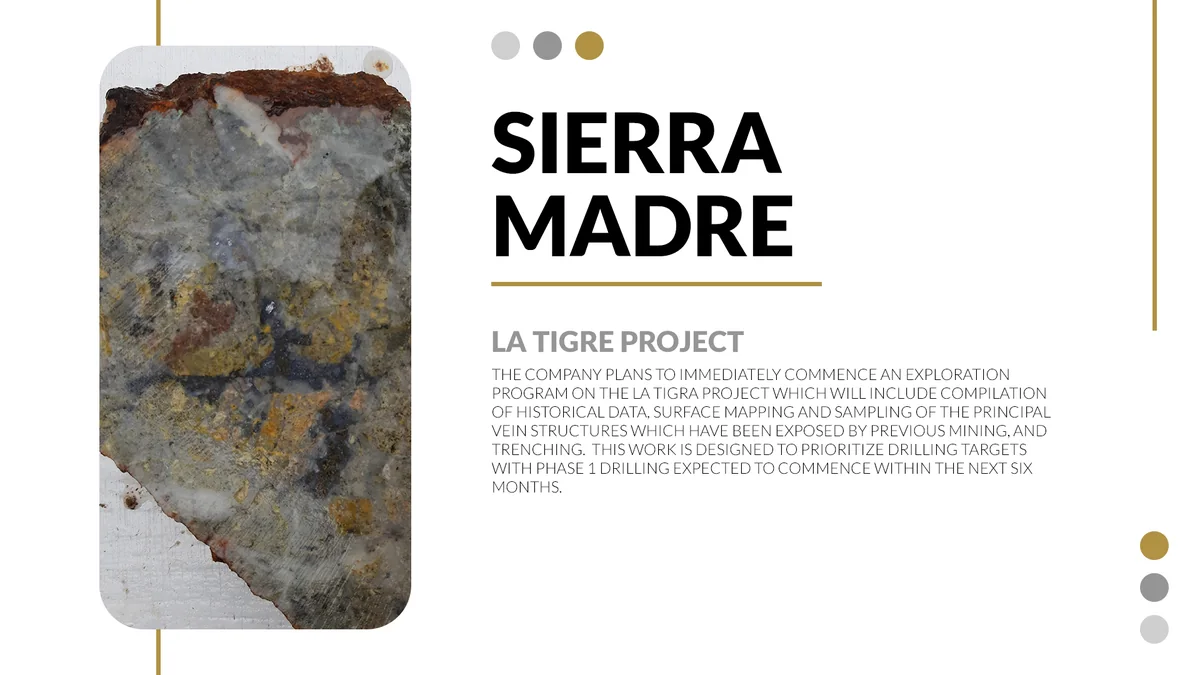 White slide with a bold black heading, a gold line, small text and a tall photograph of a rock sample on the left, with grey and gold dots.