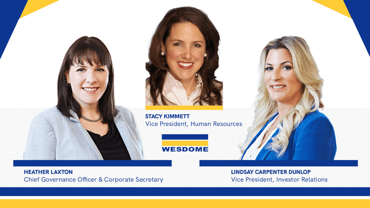 Leadership announcement graphic with three smiling women in business wear on a white background, with name and title captions, a yellow and blue banner and a yellow and blue stripe at the bottom.