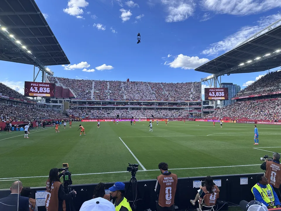 BMO Field full of fans during Germany v Ivory Coast at the FIFA World Cup, with the attendance of 43,036 on the video boards.