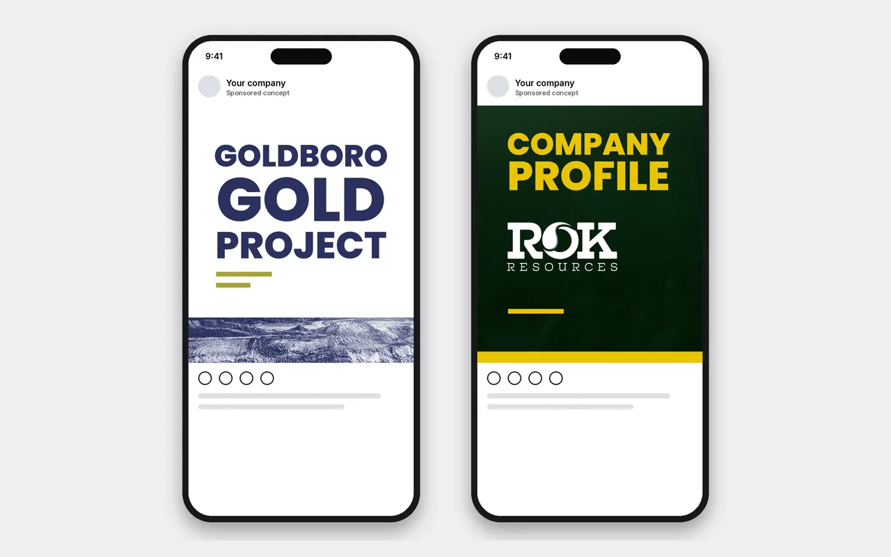 Two smartphones showing social feed posts with the gold project card and the company profile card.