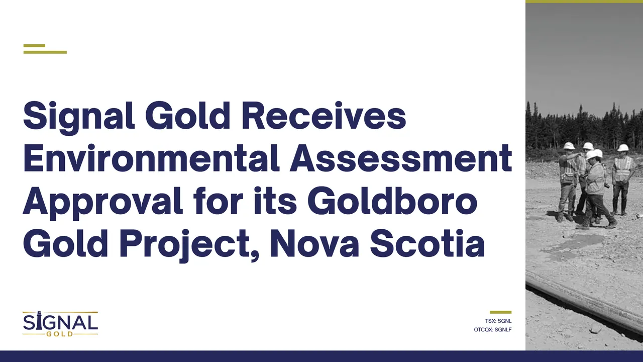 News-release social card on a white background announcing an environmental assessment approval for a gold project, with grey project photography.