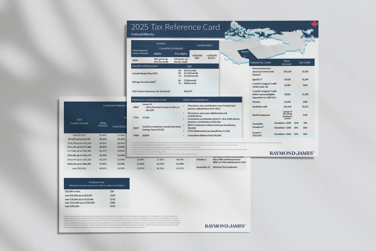 Two printed tax reference cards, front and back, lit by window shadows on a light surface.