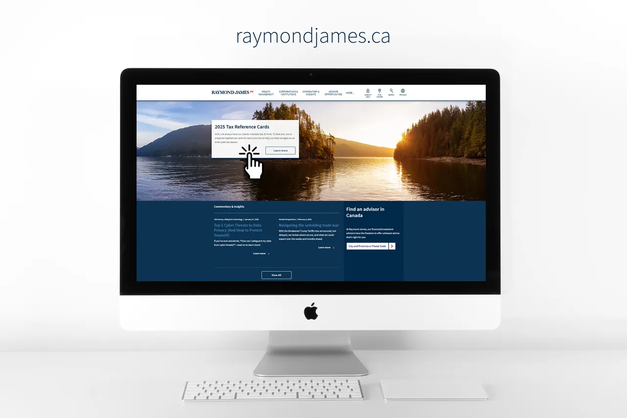A desktop monitor showing a financial services website with a tax reference card banner in the hero.