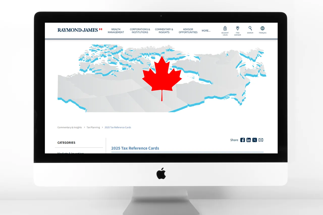 A desktop monitor showing an article page with a map of Canada banner for the tax reference cards.