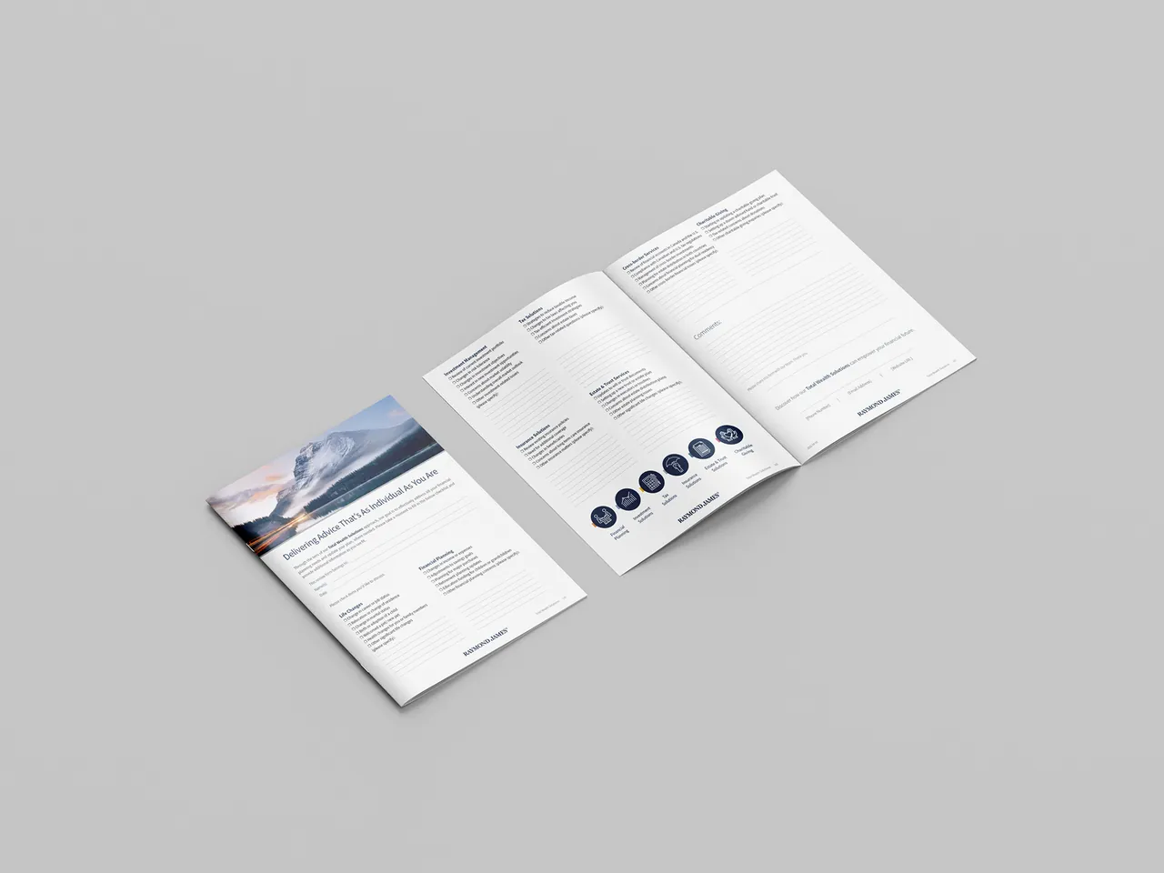 Cover sheet and open spread of the wealth management review meeting agenda on grey.
