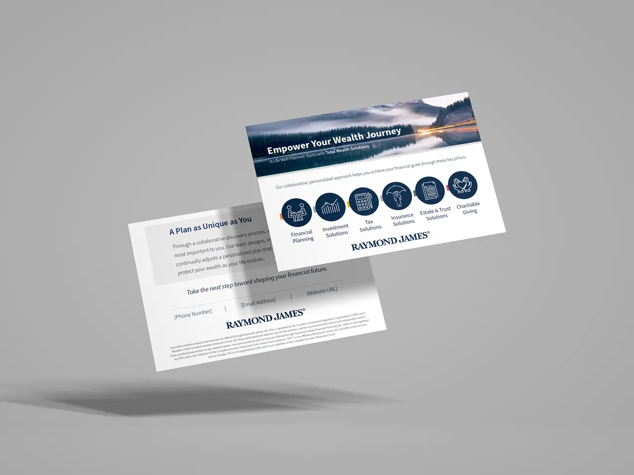 Front and back of a direct-mail postcard floating over a grey surface.