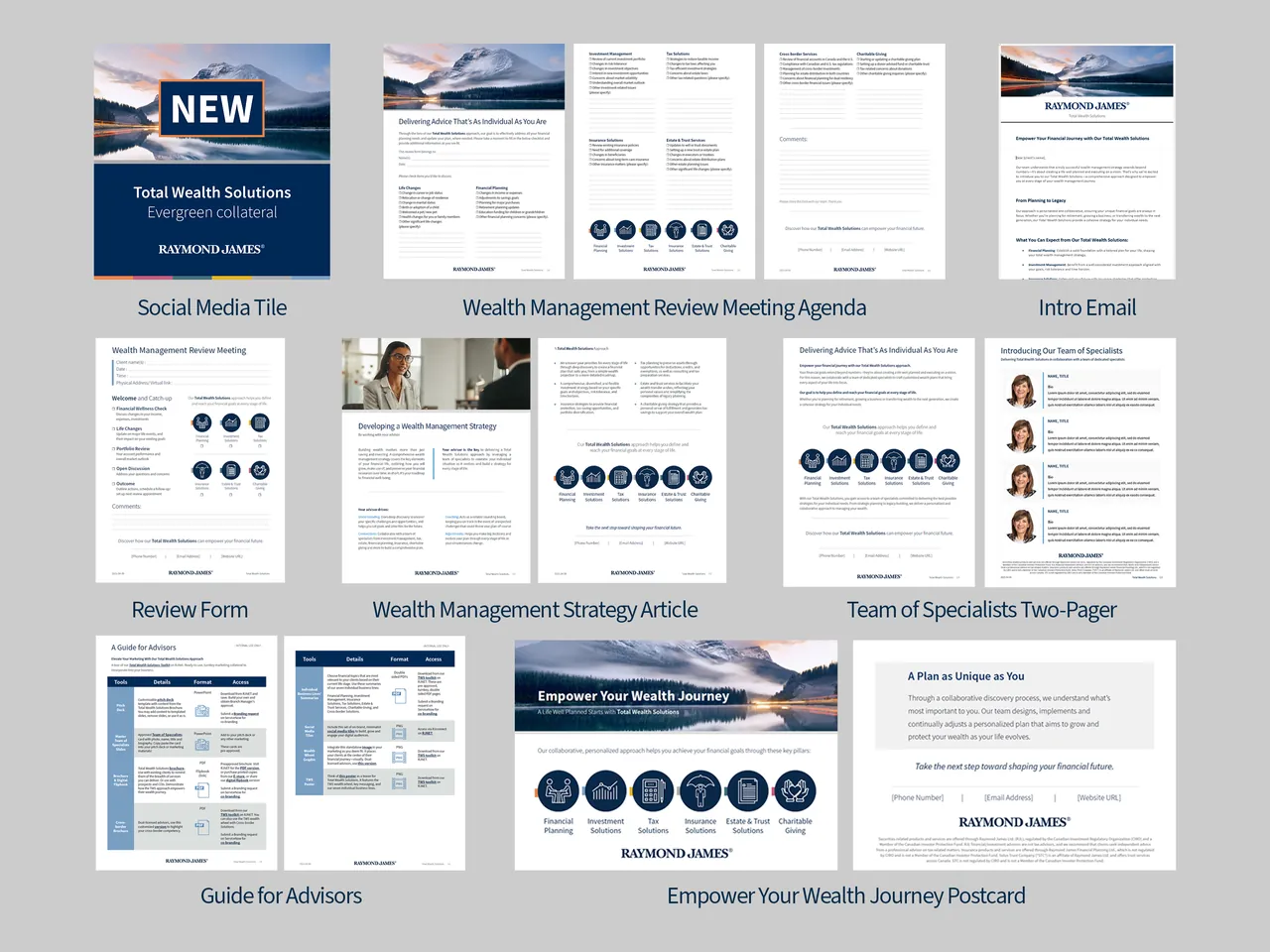 Presentation board with nine labelled collateral pieces: social tile, intro email, review agenda, review form, strategy article, team two-pager, advisor guide and postcard.