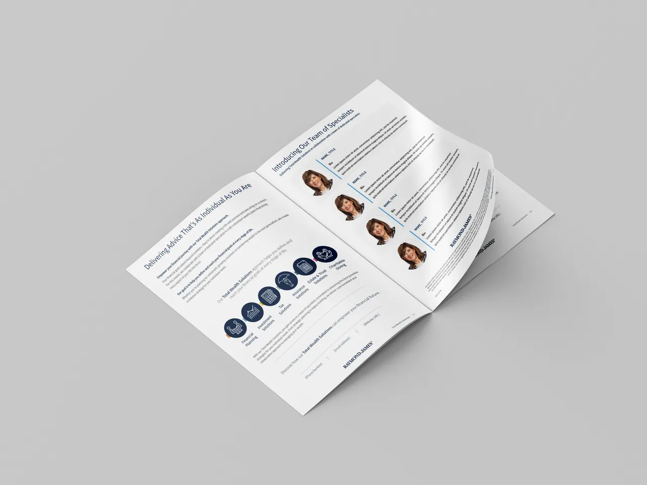 Open two-page brochure introducing a team of specialists, with the back page curling to show the disclosure.